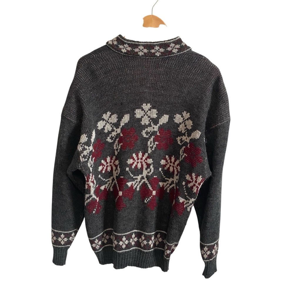 Vintage Made in Italy Gray Red White Floral Cardigan Wool Blend Knit Sweater S - Picture 7 of 7